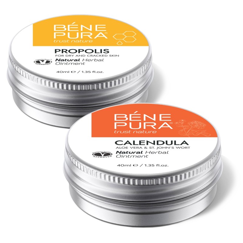 Masť na Svrbenie Pokožky s 30% Propolisom a Masť na Popáleniny a Rany s Nechtíkom, Aloe Vera a Lubovníkom Bodkovaným - GMC